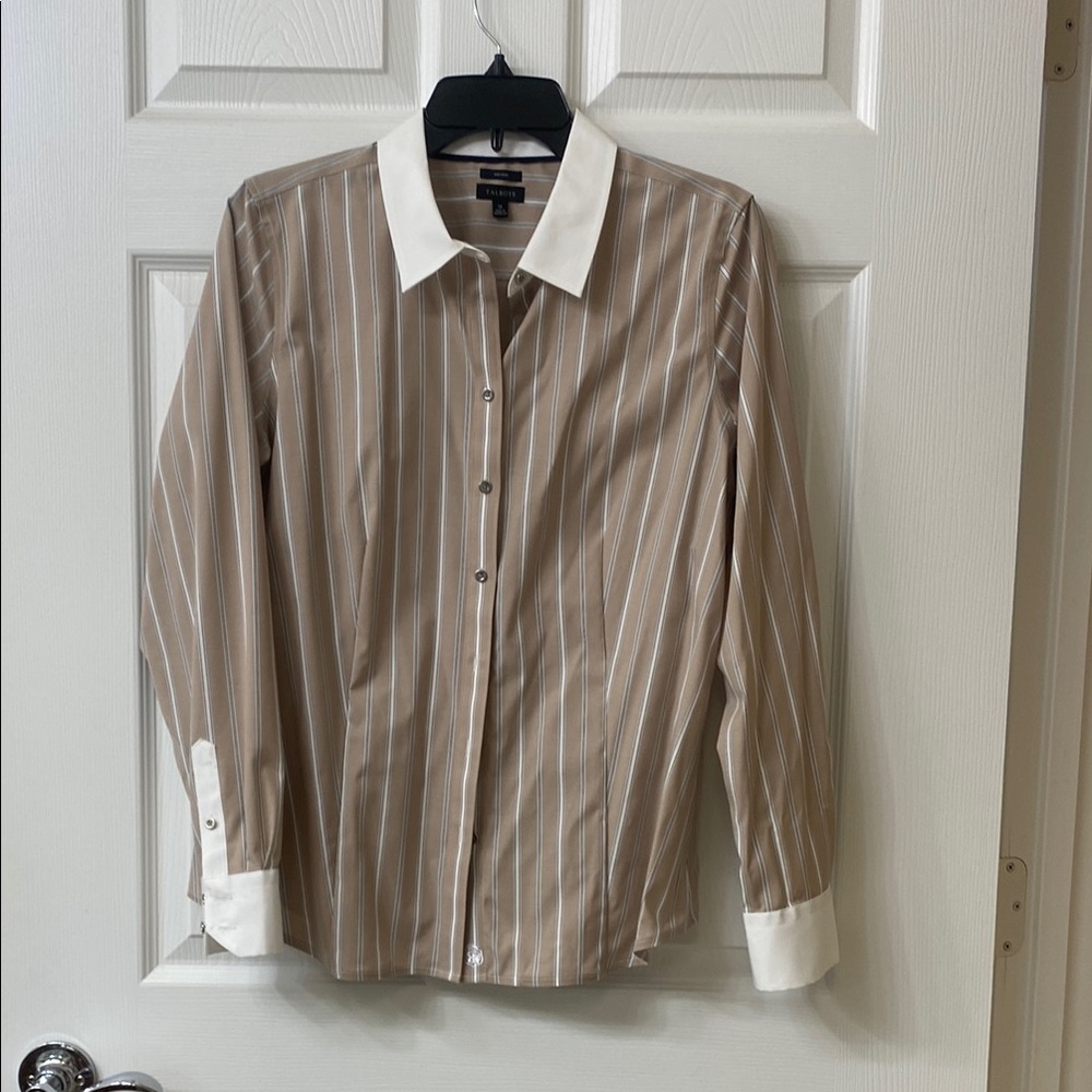 Talbots Tan Striped Blouse with White Accents